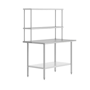 English Elm Reese Portable Work Table with NSF-Certified Steel Top, Double Overshelves, and Locking Casters Stainless Steel 48"W x 30"D x 34.5"H NH-WT-3048-OSH-GG