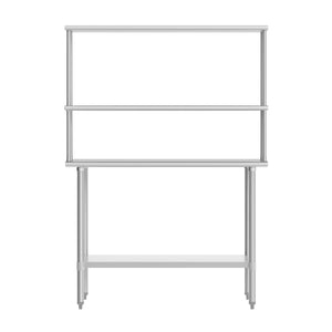 English Elm Reese Portable Work Table with NSF-Certified Steel Top, Double Overshelves, and Locking Casters Stainless Steel 48"W x 30"D x 34.5"H NH-WT-3048-OSH-GG