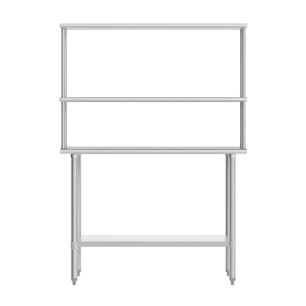 English Elm Reese Portable Work Table with NSF-Certified Steel Top, Double Overshelves, and Locking Casters Stainless Steel 48"W x 30"D x 34.5"H NH-WT-3048-OSH-GG