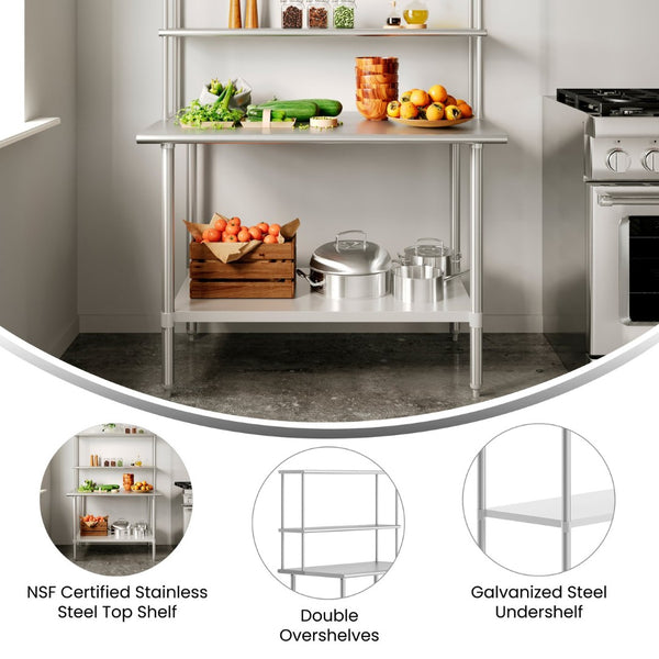 English Elm Reese Portable Work Table with NSF-Certified Steel Top, Double Overshelves, and Locking Casters Stainless Steel 48"W x 30"D x 34.5"H NH-WT-3048-OSH-GG