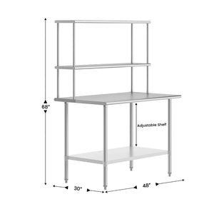 English Elm Reese Portable Work Table with NSF-Certified Steel Top, Double Overshelves, and Locking Casters Stainless Steel 48"W x 30"D x 34.5"H NH-WT-3048-OSH-GG