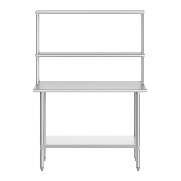 English Elm Reese Portable Work Table with NSF-Certified Steel Top, Double Overshelves, and Locking Casters Stainless Steel 48"W x 30"D x 34.5"H NH-WT-3048-OSH-GG