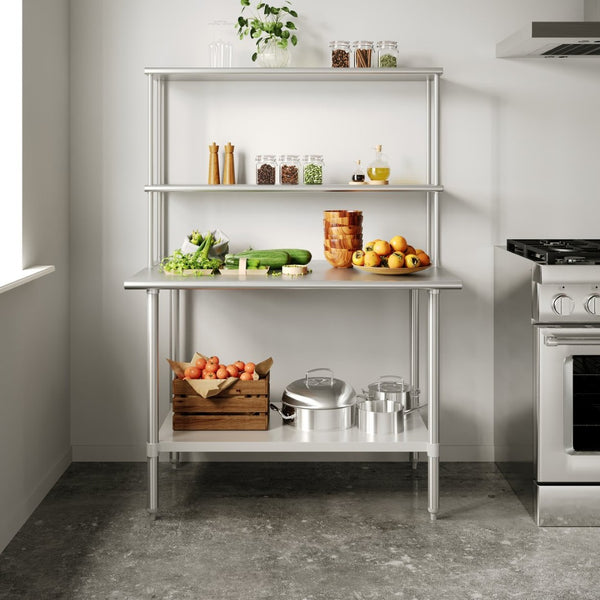 English Elm Reese Portable Work Table with NSF-Certified Steel Top, Double Overshelves, and Locking Casters Stainless Steel 48"W x 30"D x 34.5"H NH-WT-3048-OSH-GG