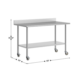 English Elm Reese Heavy-Duty Commercial Prep Table with NSF-Certified Top, Adjustable Undershelf & Locking Casters Stainless Steel 60"W x 30"D x 39.25"H NH-WT-3060-GG-B4-CAS-GG