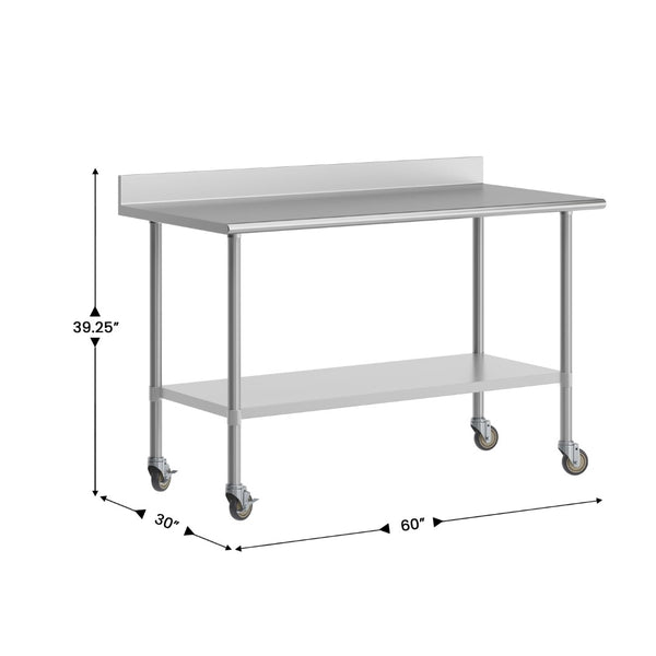 English Elm Reese Heavy-Duty Commercial Prep Table with NSF-Certified Top, Adjustable Undershelf & Locking Casters Stainless Steel 60"W x 30"D x 39.25"H NH-WT-3060-GG-B4-CAS-GG