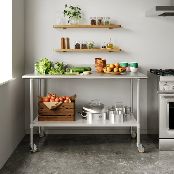 English Elm Reese Heavy-Duty Commercial Prep Table with NSF-Certified Top, Adjustable Undershelf & Locking Casters Stainless Steel 60"W x 30"D x 39.25"H NH-WT-3060-GG-B4-CAS-GG