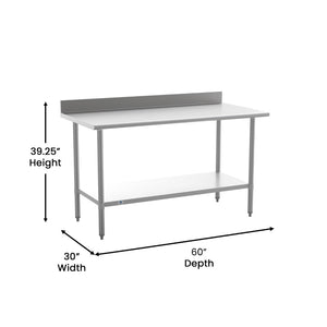 English Elm Reese Commercial Grade Prep Table with Adjustable Shelf, 4" Backsplash, and Heavy-Duty Load Capacity Stainless Steel 60"W x 30"D x 39.25"H NH-WT-3060-GG-B4-GG