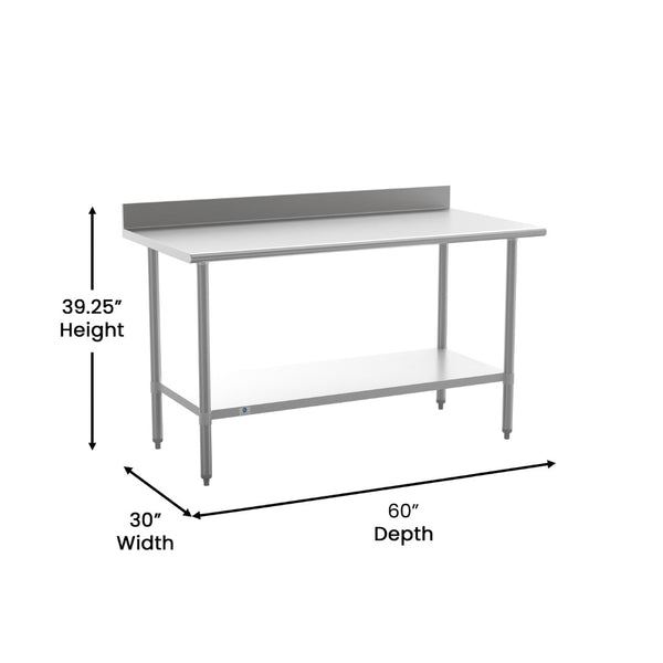 English Elm Reese Commercial Grade Prep Table with Adjustable Shelf, 4" Backsplash, and Heavy-Duty Load Capacity Stainless Steel 60"W x 30"D x 39.25"H NH-WT-3060-GG-B4-GG