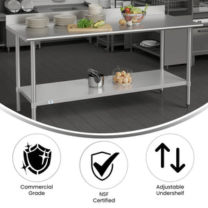 English Elm Reese Commercial Grade Prep Table with Adjustable Shelf, 4" Backsplash, and Heavy-Duty Load Capacity Stainless Steel 72"W x 30"D x 39.25"H NH-WT-3072-GG-B4-GG