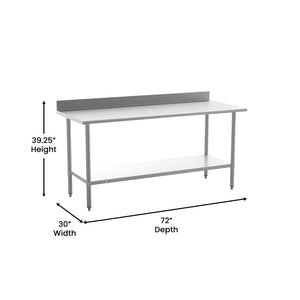 English Elm Reese Commercial Grade Prep Table with Adjustable Shelf, 4" Backsplash, and Heavy-Duty Load Capacity Stainless Steel 72"W x 30"D x 39.25"H NH-WT-3072-GG-B4-GG