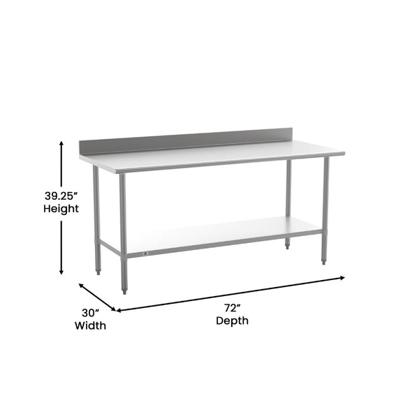 English Elm Reese Commercial Grade Prep Table with Adjustable Shelf, 4" Backsplash, and Heavy-Duty Load Capacity Stainless Steel 72"W x 30"D x 39.25"H NH-WT-3072-GG-B4-GG