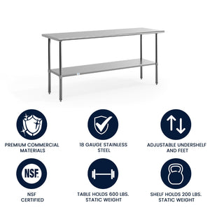 English Elm Reader Stainless Steel Prep and Work Table - 72"W X 30"D, NSF Certified, Adjustable Undershelf, Durable Design NH-WT-3072-GG