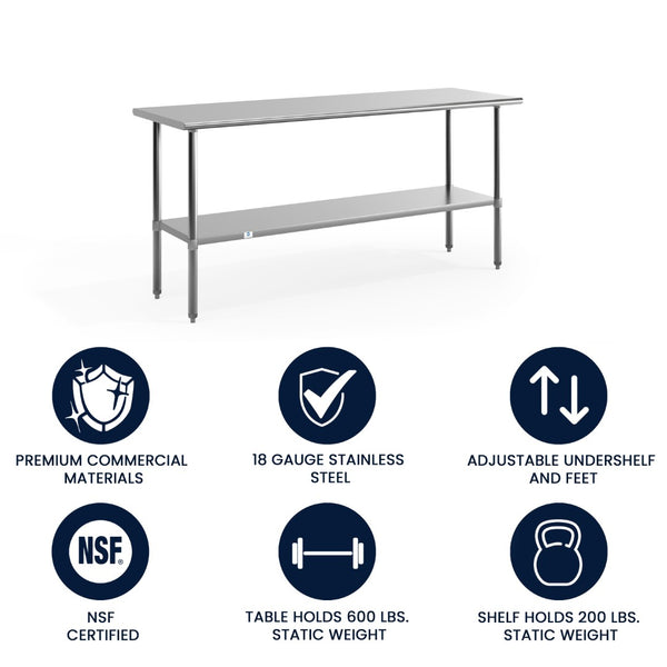 English Elm Reader Stainless Steel Prep and Work Table - 72"W X 30"D, NSF Certified, Adjustable Undershelf, Durable Design NH-WT-3072-GG