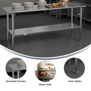 English Elm Reader Stainless Steel Prep and Work Table - 72"W X 30"D, NSF Certified, Adjustable Undershelf, Durable Design NH-WT-3072-GG