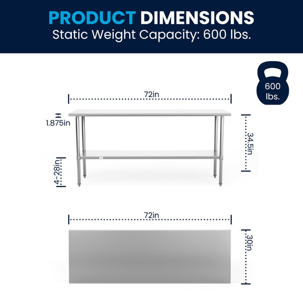 English Elm Reader Stainless Steel Prep and Work Table - 72"W X 30"D, NSF Certified, Adjustable Undershelf, Durable Design NH-WT-3072-GG