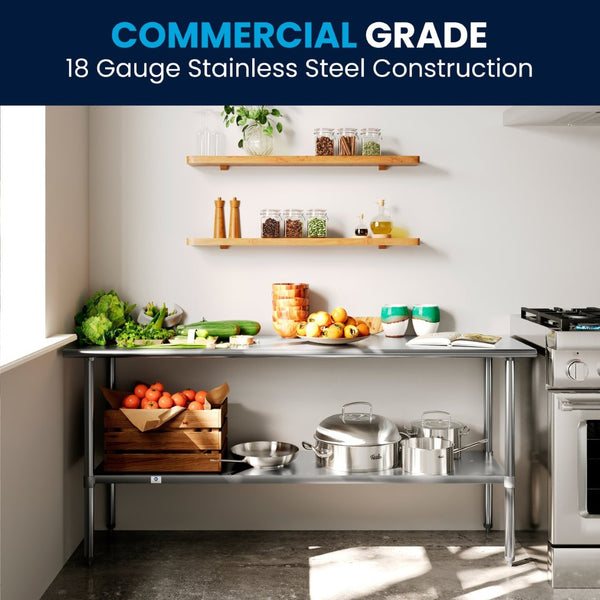 English Elm Reader Stainless Steel Prep and Work Table - 72"W X 30"D, NSF Certified, Adjustable Undershelf, Durable Design NH-WT-3072-GG