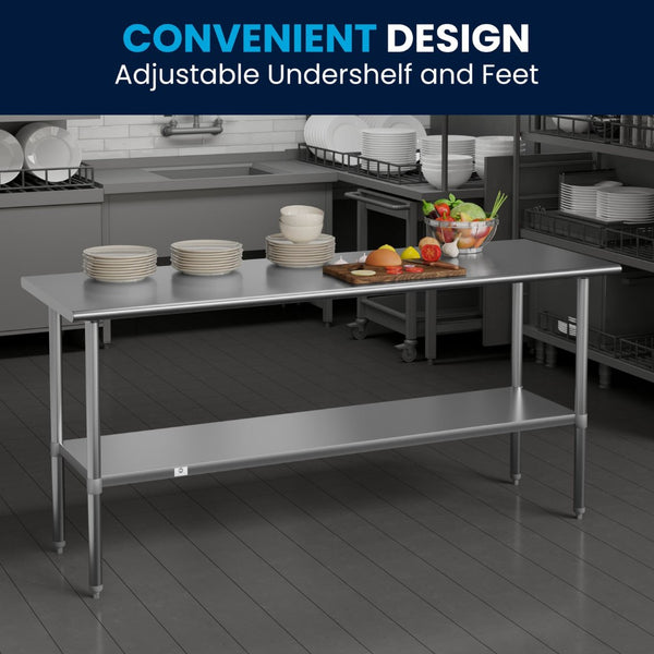English Elm Reader Stainless Steel Prep and Work Table - 72"W X 30"D, NSF Certified, Adjustable Undershelf, Durable Design NH-WT-3072-GG