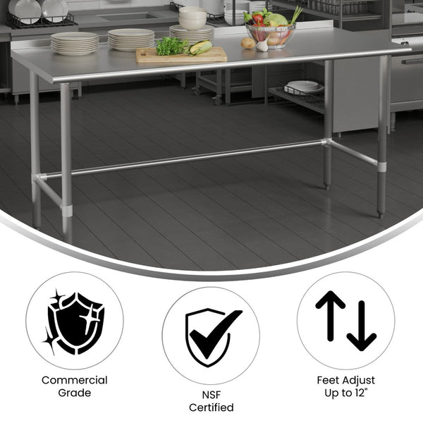 English Elm Reese Commercial 430 Stainless Steel Prep Table - NSF Certified, Durable, Easy-Clean, 600 lbs Capacity NH-WT-3072-OG-B1-5-GG