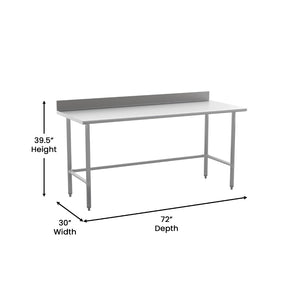 English Elm Reese NSF Certified 430 Stainless Steel 18-Gauge Prep Table with Open Base & 4" Backsplash, 72" Wide NH-WT-3072-OG-B4-GG