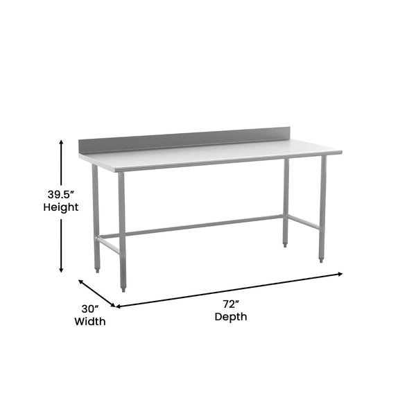 English Elm Reese NSF Certified 430 Stainless Steel 18-Gauge Prep Table with Open Base & 4" Backsplash, 72" Wide NH-WT-3072-OG-B4-GG