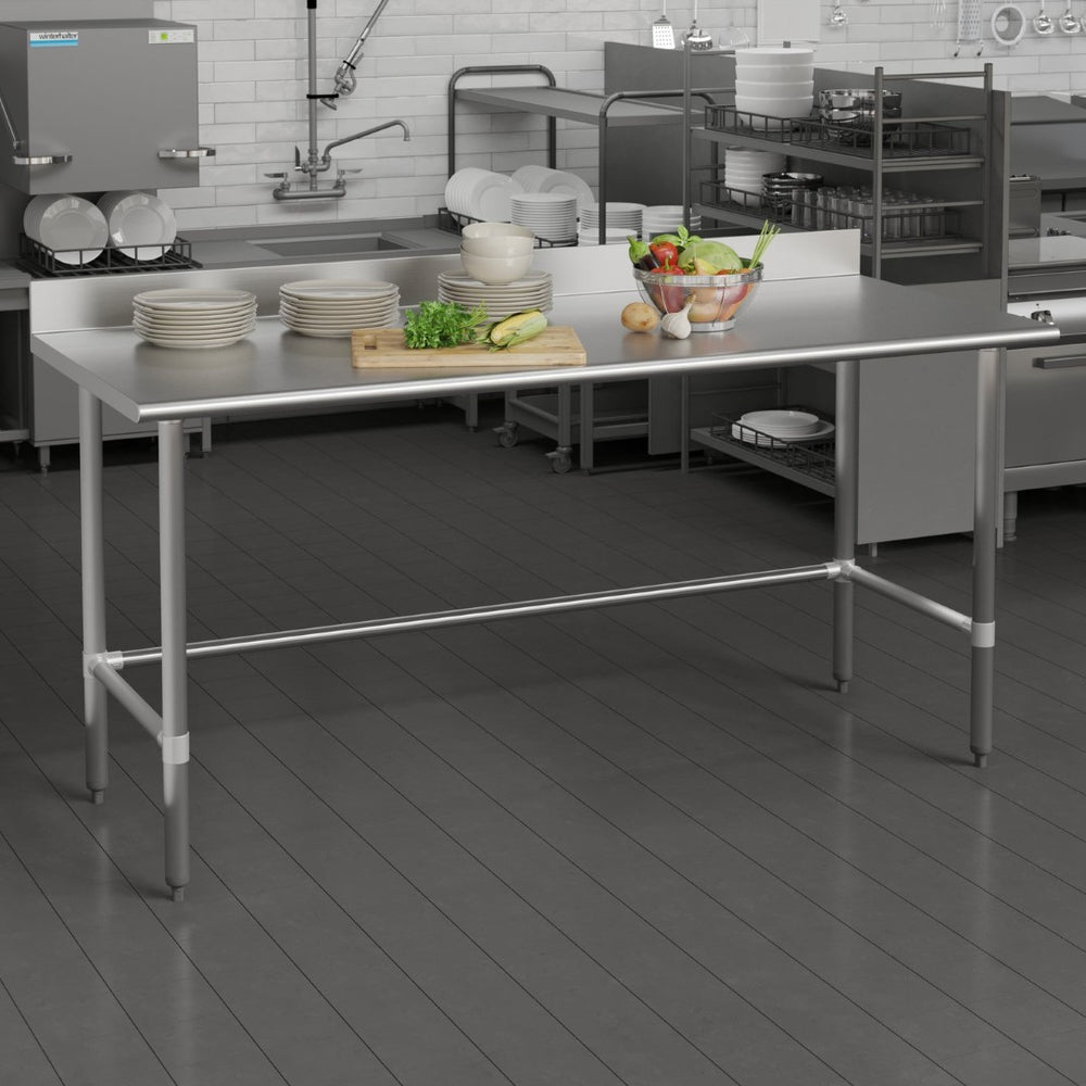English Elm Reese NSF Certified 430 Stainless Steel 18-Gauge Prep Table with Open Base & 4" Backsplash, 72" Wide NH-WT-3072-OG-B4-GG