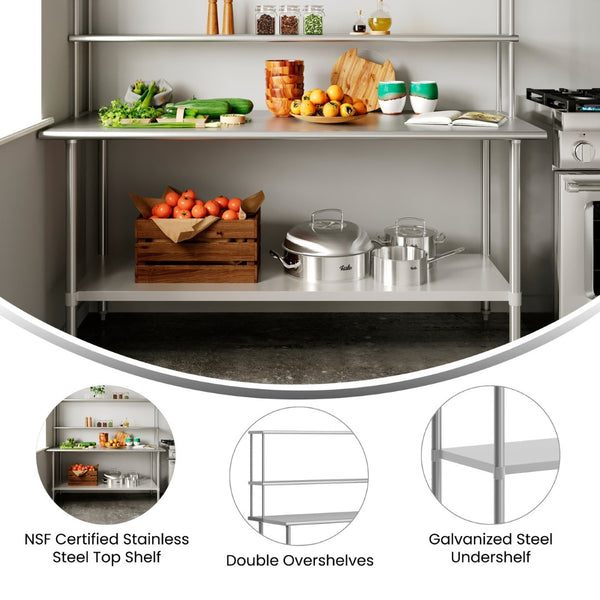 English Elm Reader Portable Prep Table – NSF Certified 18-Gauge Stainless Top, Double Shelves, & Heavy-Duty Storage NH-WT-3072-OSH-GG