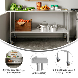 English Elm Reader Portable Prep Table - NSF Certified Stainless Steel, Mobile with Backsplash & Heavy-Duty Storage NH-WT-3072BSP-CAS-GG