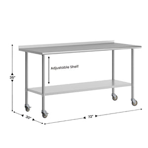 English Elm Reader Portable Prep Table - NSF Certified Stainless Steel, Mobile with Backsplash & Heavy-Duty Storage NH-WT-3072BSP-CAS-GG