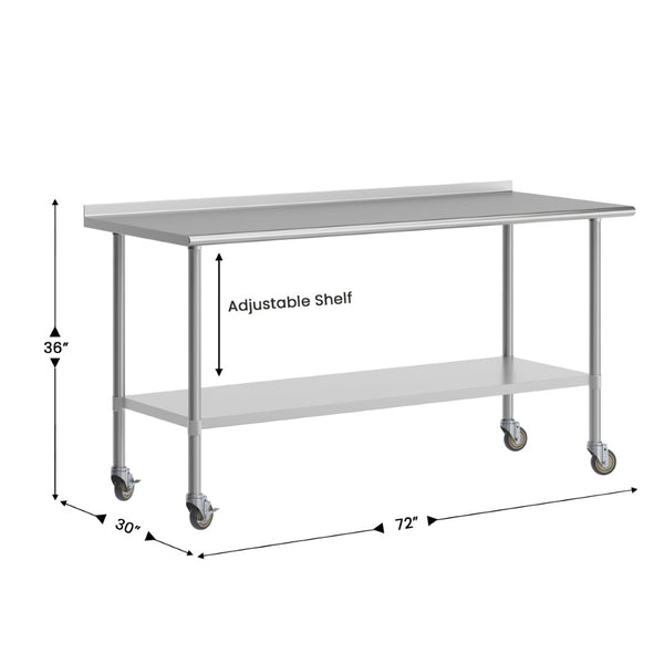 English Elm Reader Portable Prep Table - NSF Certified Stainless Steel, Mobile with Backsplash & Heavy-Duty Storage NH-WT-3072BSP-CAS-GG