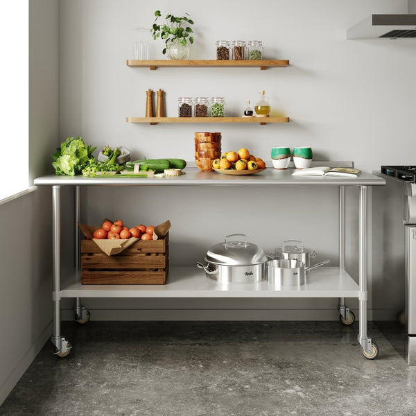 English Elm Reader Portable Prep Table - NSF Certified Stainless Steel, Mobile with Backsplash & Heavy-Duty Storage NH-WT-3072BSP-CAS-GG