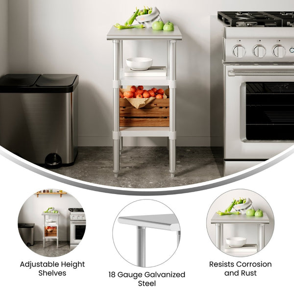 English Elm Reese Heavy-Duty Portable Prep Table with Adjustable Undershelves for Versatile Workspace Solutions Stainless Steel 24"W x 18"D NH-WT-GU-2418-GG