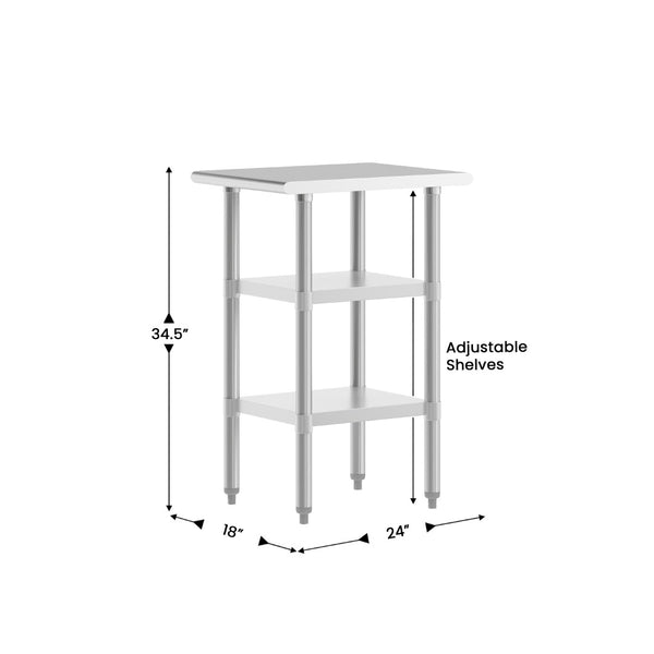 English Elm Reese Heavy-Duty Portable Prep Table with Adjustable Undershelves for Versatile Workspace Solutions Stainless Steel 24"W x 18"D NH-WT-GU-2418-GG