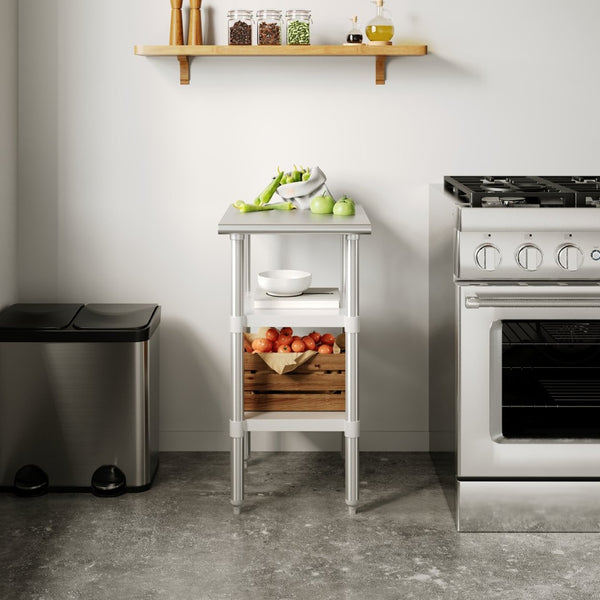English Elm Reese Heavy-Duty Portable Prep Table with Adjustable Undershelves for Versatile Workspace Solutions Stainless Steel 24"W x 18"D NH-WT-GU-2418-GG