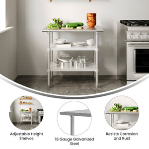 English Elm Reese Heavy-Duty Portable Prep Table with Adjustable Undershelves for Versatile Workspace Solutions Stainless Steel 24"W x 36"D NH-WT-GU-2436-GG