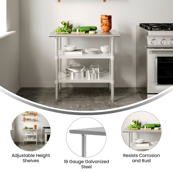 English Elm Reese Heavy-Duty Portable Prep Table with Adjustable Undershelves for Versatile Workspace Solutions Stainless Steel 24"W x 36"D NH-WT-GU-2436-GG