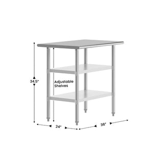 English Elm Reese Heavy-Duty Portable Prep Table with Adjustable Undershelves for Versatile Workspace Solutions Stainless Steel 24"W x 36"D NH-WT-GU-2436-GG