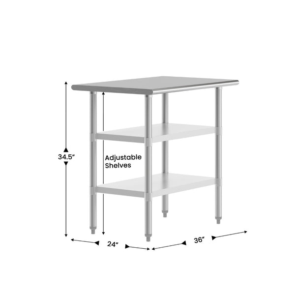 English Elm Reese Heavy-Duty Portable Prep Table with Adjustable Undershelves for Versatile Workspace Solutions Stainless Steel 24"W x 36"D NH-WT-GU-2436-GG