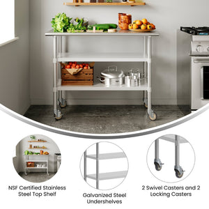 English Elm Rawcliffe NSF Certified Stainless Steel Prep Table 24"x48" with Dual Shelves & Locking Casters NH-WT-GU-2448-CAS-GG