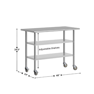 English Elm Rawcliffe NSF Certified Stainless Steel Prep Table 24"x48" with Dual Shelves & Locking Casters NH-WT-GU-2448-CAS-GG