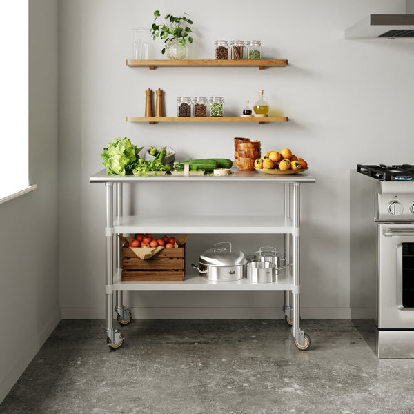 English Elm Rawcliffe NSF Certified Stainless Steel Prep Table 24"x48" with Dual Shelves & Locking Casters NH-WT-GU-2448-CAS-GG