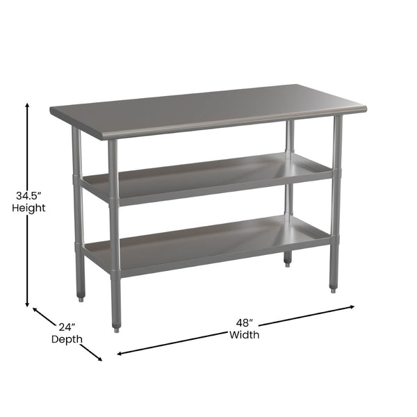 English Elm Hogan Stainless Steel Work Table - NSF Certified, 18-Gauge, 2 Adjustable Undershelves, 48"W x 24"D NH-WT-GU-2448-GG