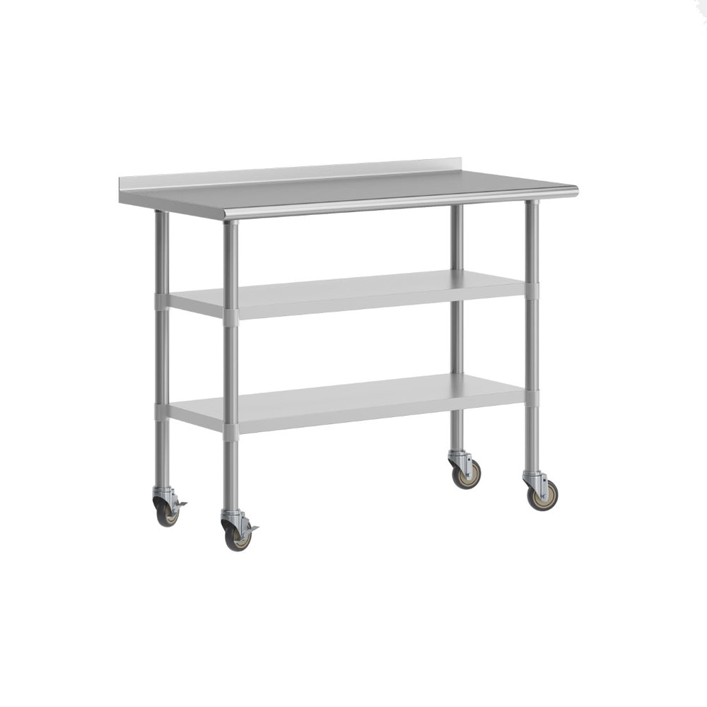 English Elm Rawcliffe NSF Certified Stainless Steel Prep Table with 2 Undershelves, Locking Casters & Backsplash NH-WT-GU-2448BSP-CAS-GG