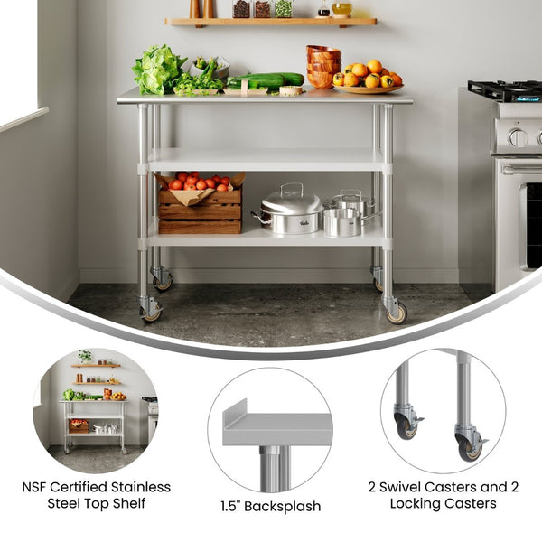 English Elm Rawcliffe NSF Certified Stainless Steel Prep Table with 2 Undershelves, Locking Casters & Backsplash NH-WT-GU-2448BSP-CAS-GG