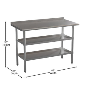English Elm Hogan Stainless Steel 18 Gauge Work Table with Backsplash & Adjustable Undershelves for Kitchens NH-WT-GU-2448BSP-GG