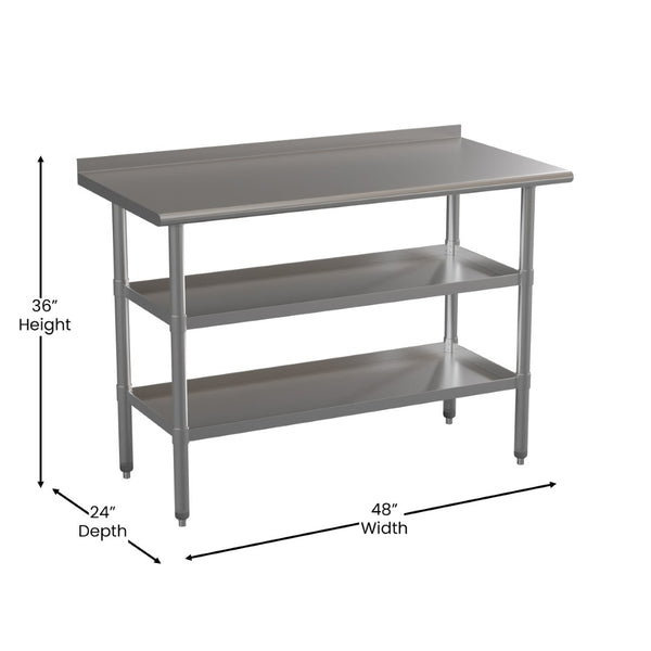 English Elm Hogan Stainless Steel 18 Gauge Work Table with Backsplash & Adjustable Undershelves for Kitchens NH-WT-GU-2448BSP-GG
