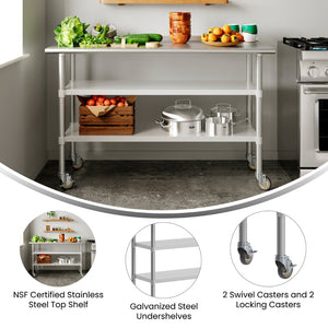 English Elm Reese NSF Certified Heavy-Duty Stainless Steel Prep Table 24"x60" with Lockable Casters & Storage NH-WT-GU-2460-CAS-GG