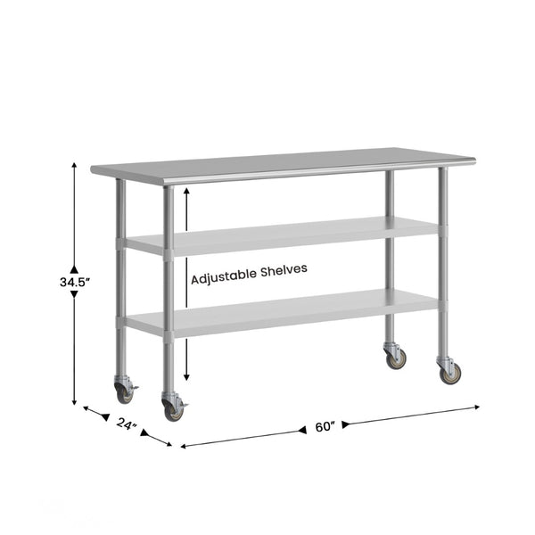 English Elm Reese NSF Certified Heavy-Duty Stainless Steel Prep Table 24"x60" with Lockable Casters & Storage NH-WT-GU-2460-CAS-GG
