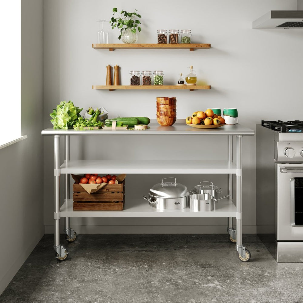 English Elm Reese NSF Certified Heavy-Duty Stainless Steel Prep Table 24"x60" with Lockable Casters & Storage NH-WT-GU-2460-CAS-GG