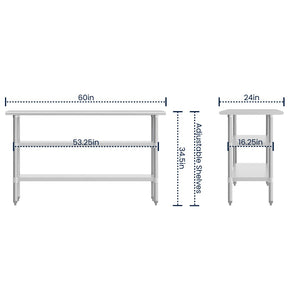 English Elm Randolph Stainless Steel Work Table - Durable 60" Prep Surface with 2 Adjustable Undershelves, NSF-Certified NH-WT-GU-2460-GG