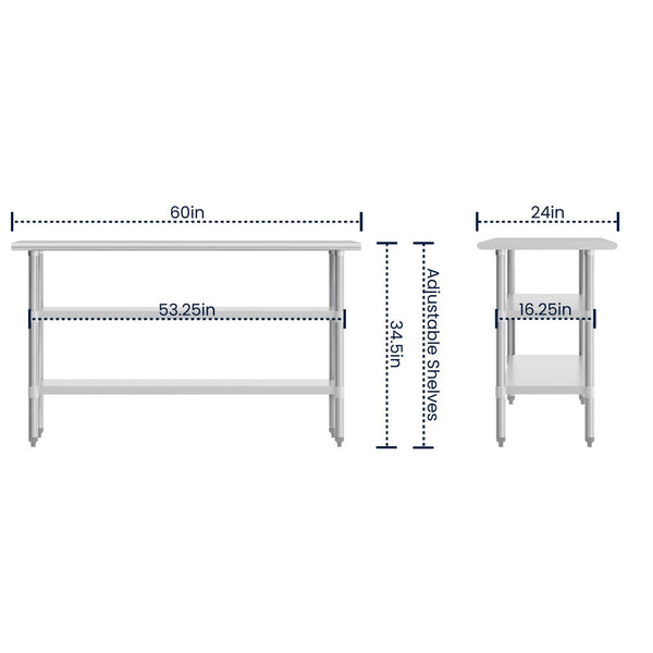 English Elm Randolph Stainless Steel Work Table - Durable 60" Prep Surface with 2 Adjustable Undershelves, NSF-Certified NH-WT-GU-2460-GG